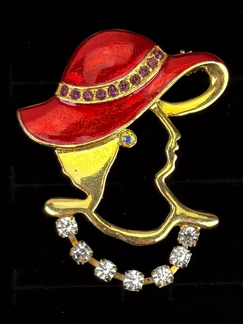 Vintage Lady Profile Red Hat Brooch Gold Tone Clear Purple Accent Statement Pin